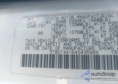 2004 Toyota Tundra Sr5 V8 z USA, uszkodzony, nr VIN 5TBDT44164S435989
